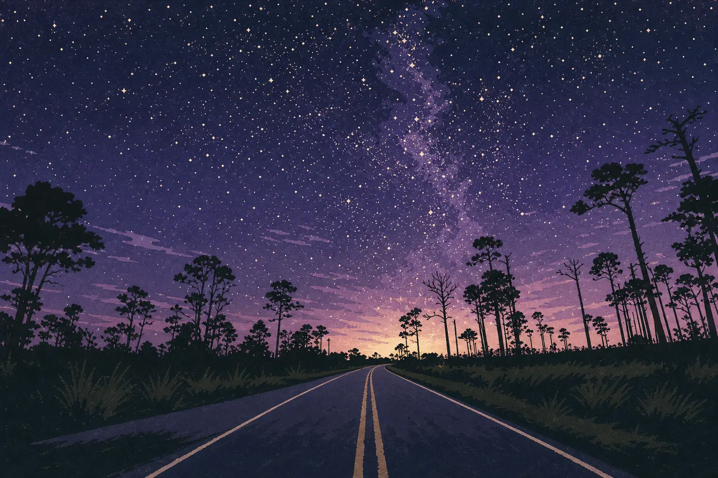 Illustration sérigraphiée : Main Park Road filant entre les prairies de sawgrass vers Flamingo sous un vaste ciel subtropical