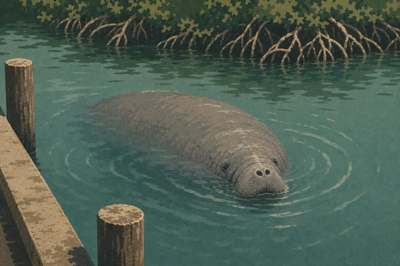 Ilustración serigrafiada: Un manatí antillano respira en las aguas tranquilas del puerto deportivo de Flamingo, cerca de los manglares.