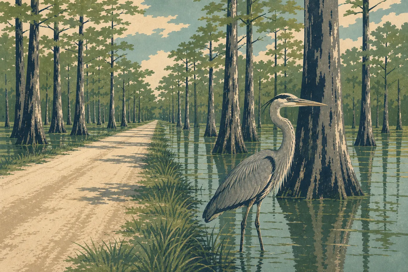 Illustration sérigraphiée : Loop Road traversant les cyprès et les eaux calmes de Big Cypress, avec héron au premier plan