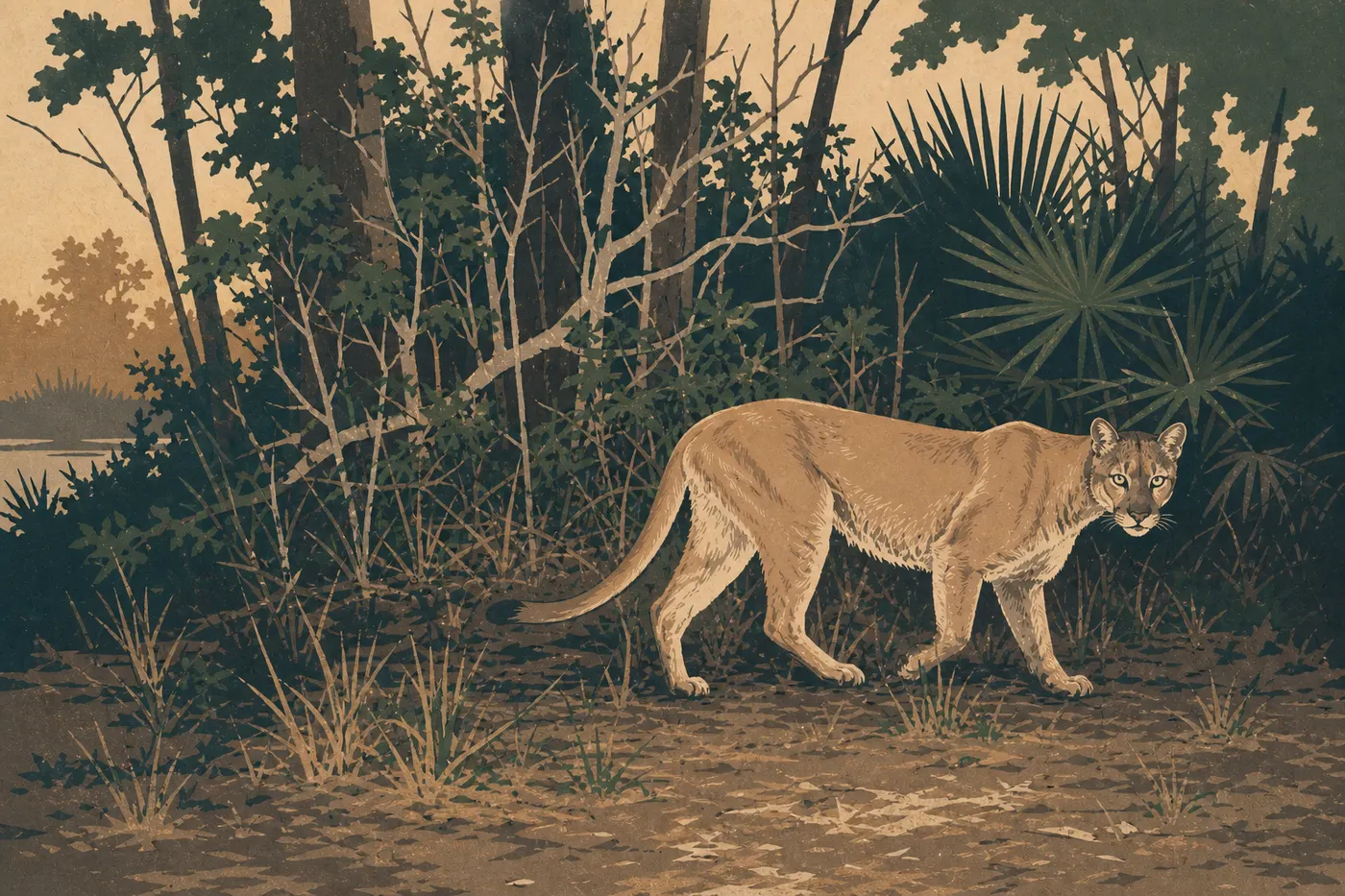 Ilustración serigrafiada: Pantera de Florida avanzando por un pinar húmedo característico de los Everglades al amanecer