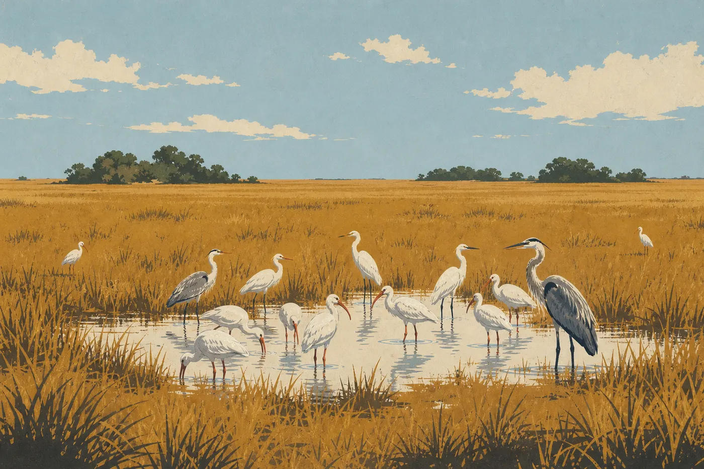 Illustration sérigraphiée : Prairie de sawgrass dorée en saison sèche, ponctuée d’échassiers rassemblés autour d’une mare résiduelle