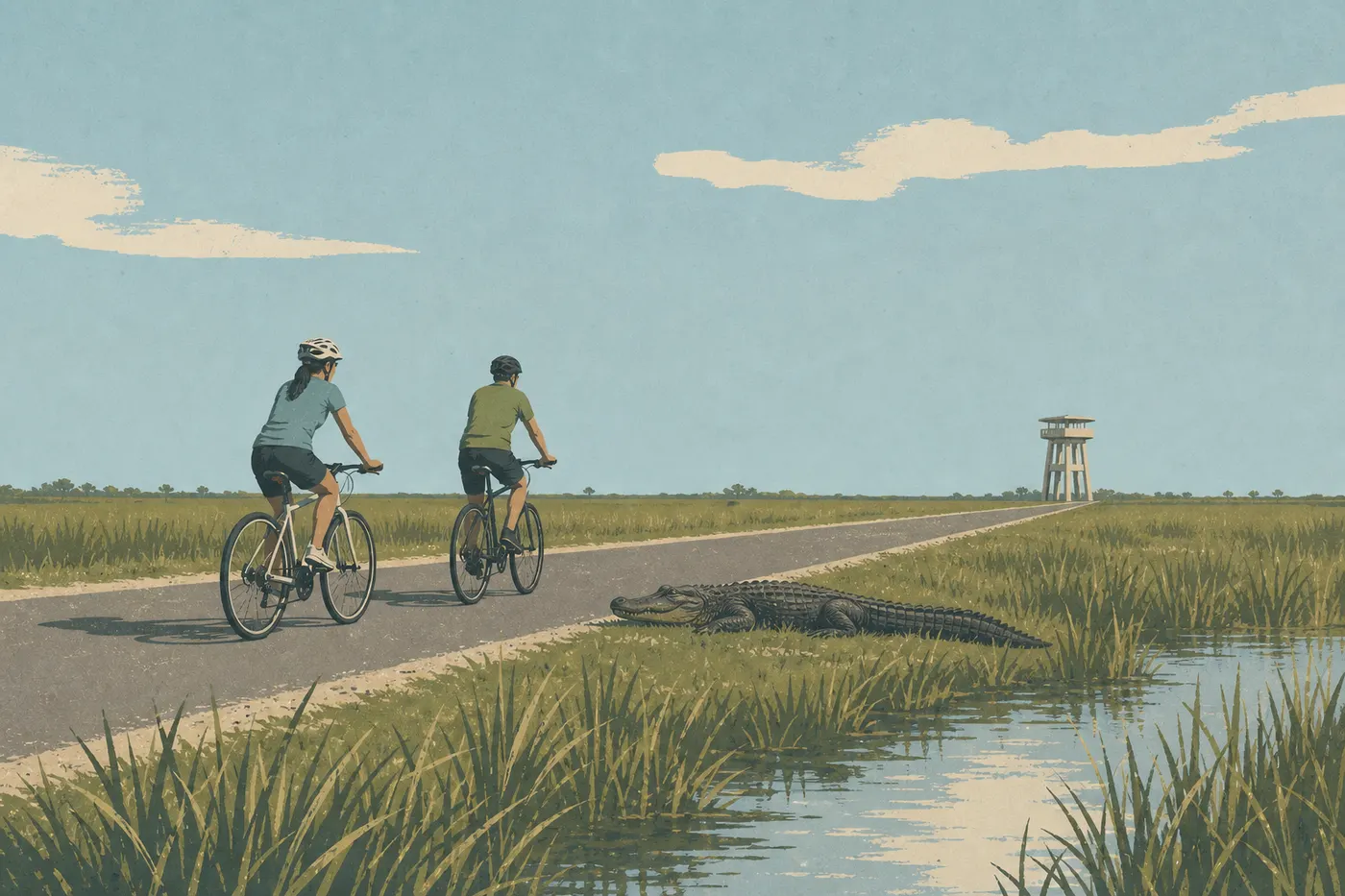 Illustration sérigraphiée : Cyclistes longeant un alligator sur la boucle pavée de Shark Valley, tour d’observation à l’horizon