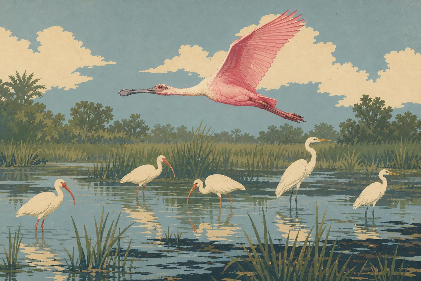 Illustration sérigraphiée : Spatule rosée en vol au-dessus d’un marais peu profond, parmi ibis et hérons blancs