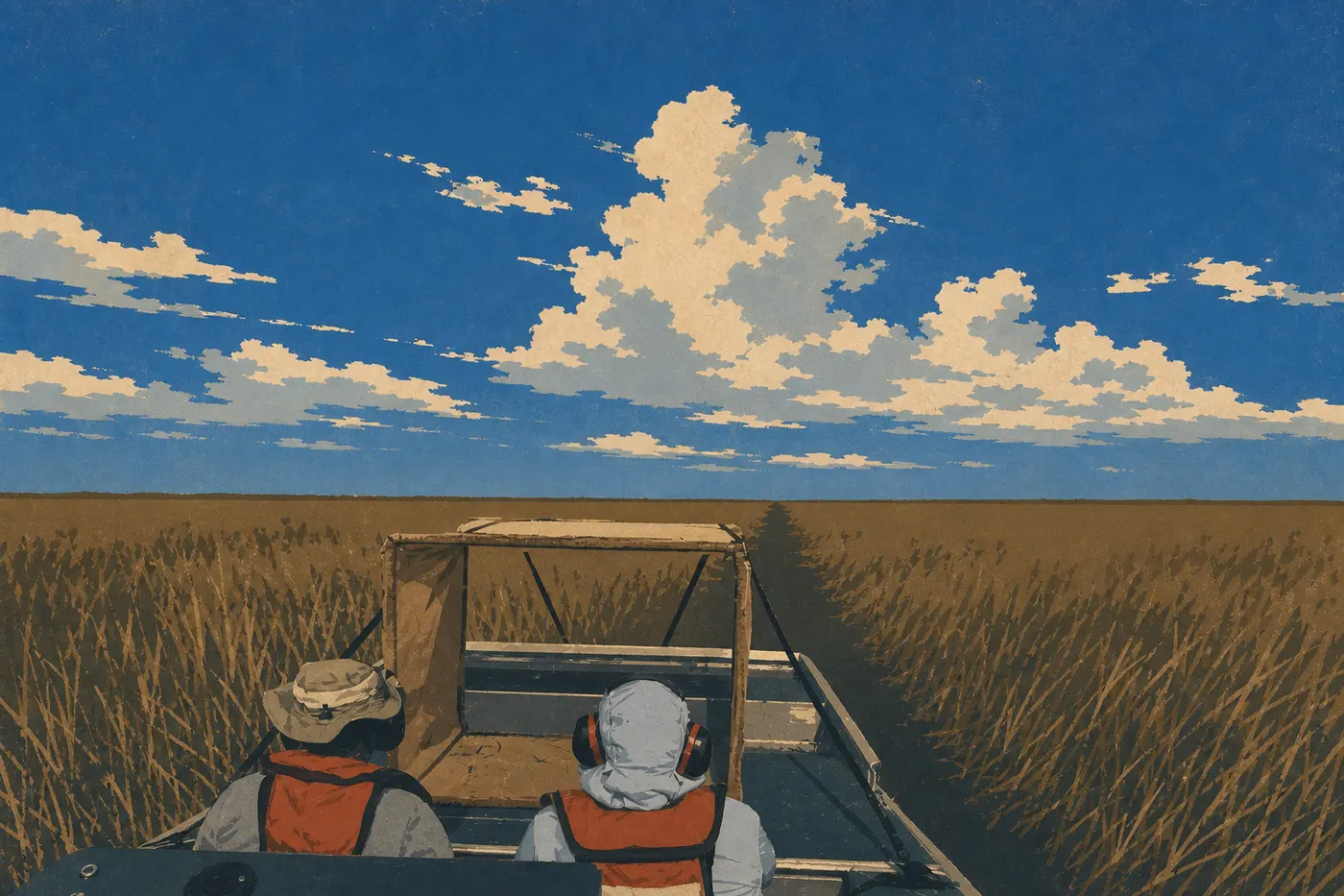 Ilustración serigrafiada: Primeras nubes convectivas de mayo elevándose sobre los sawgrass aún dorados y las aguas renacientes.