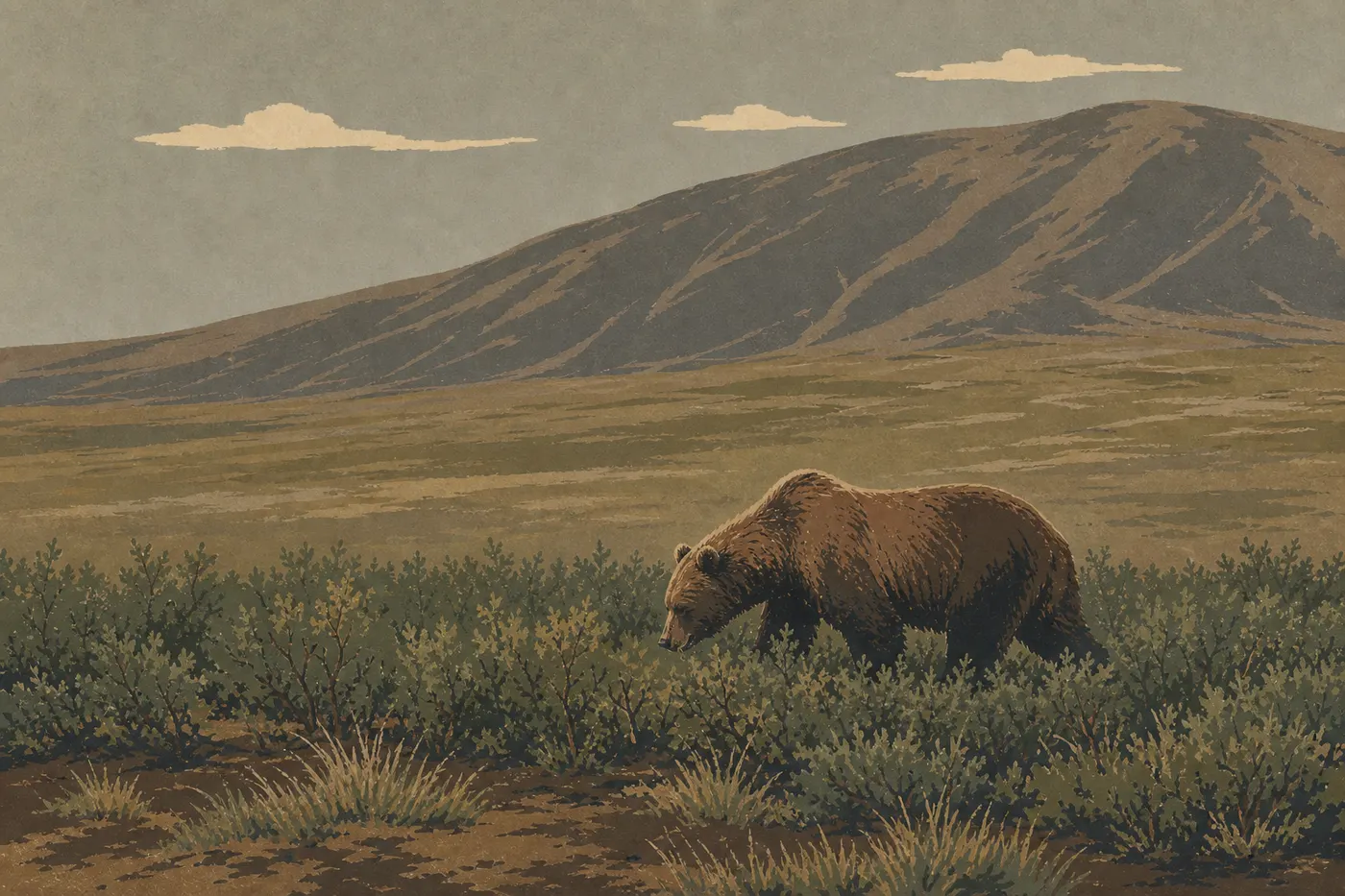 Illustration sérigraphiée : L'ours brun (grizzli) : l'omnivore qui dicte les règles