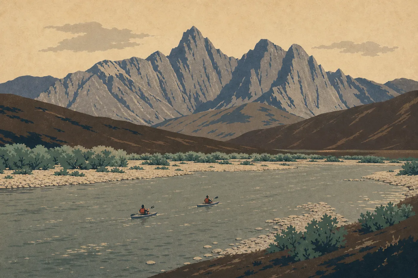 Illustration sérigraphiée : Descente de rivière : packraft, kayak, canoë