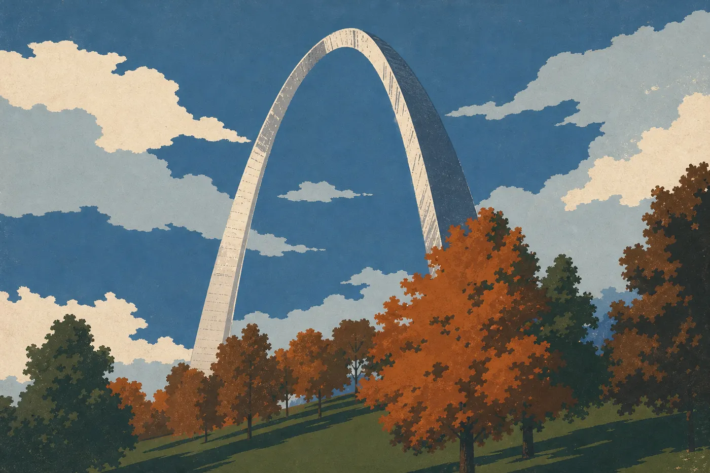 Illustration sérigraphiée : Arche argentée émergeant des feuillages dorés et roux des Arch Grounds en automne.