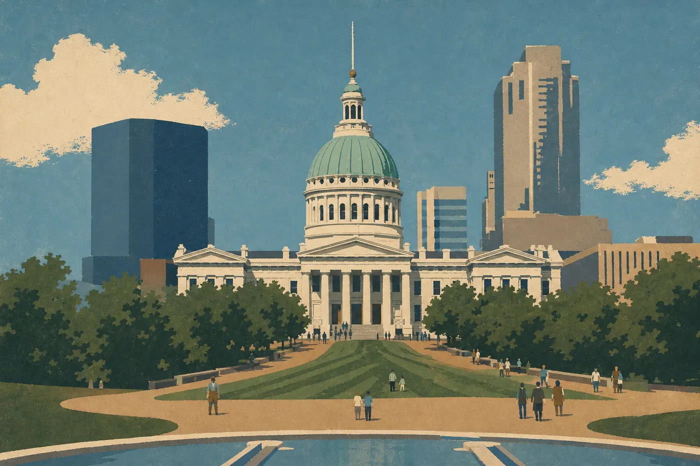 Illustration sérigraphiée : Perspective piétonne continue de l'Old Courthouse à la Gateway Arch par Luther Ely Smith Square.