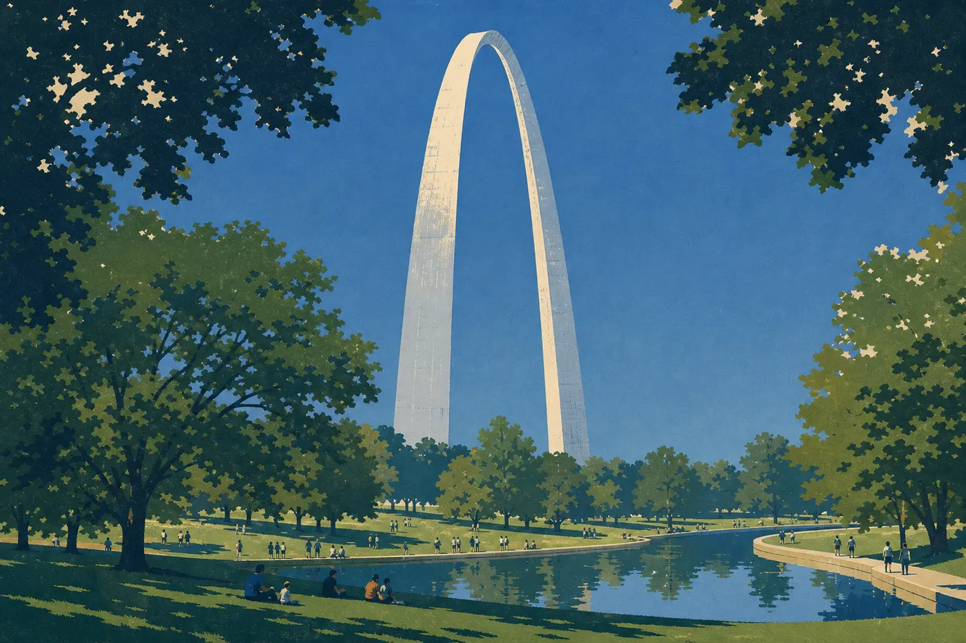 Illustration sérigraphiée : Gateway Arch sous un ciel bleu estival avec visiteurs et pelouses animées sur l'esplanade.