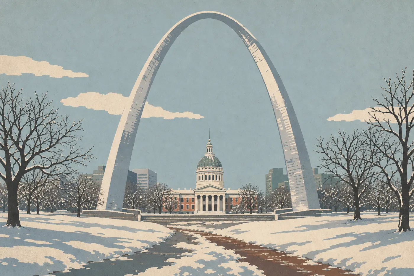 Illustration sérigraphiée : Gateway Arch et Old Courthouse après une chute de neige, sous une lumière hivernale froide.
