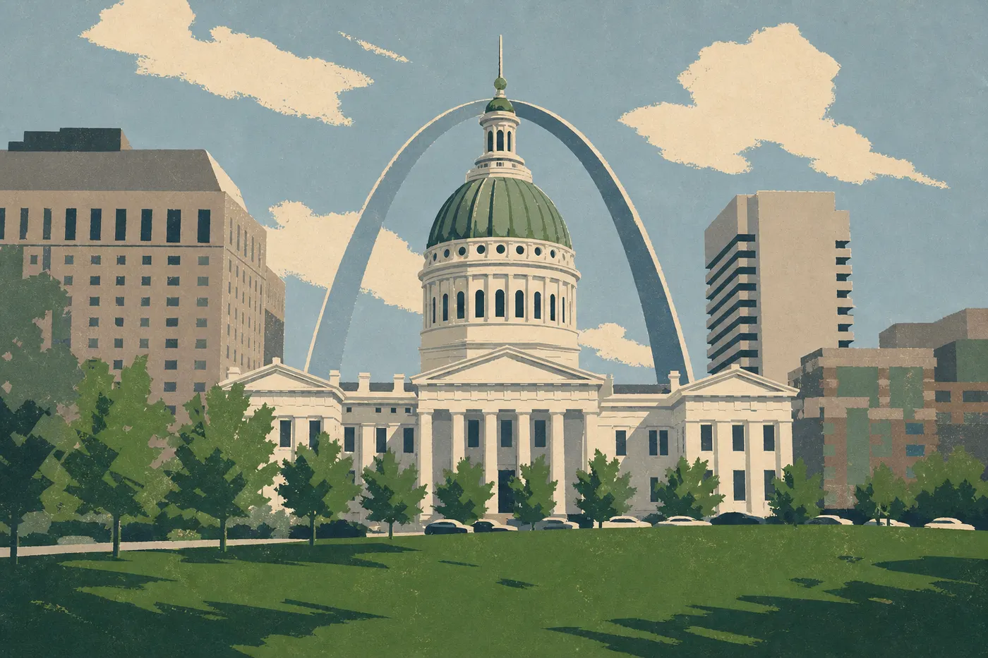 Illustration sérigraphiée : Façade et dôme vert de l'Old Courthouse cadrés dans l'axe de la Gateway Arch.