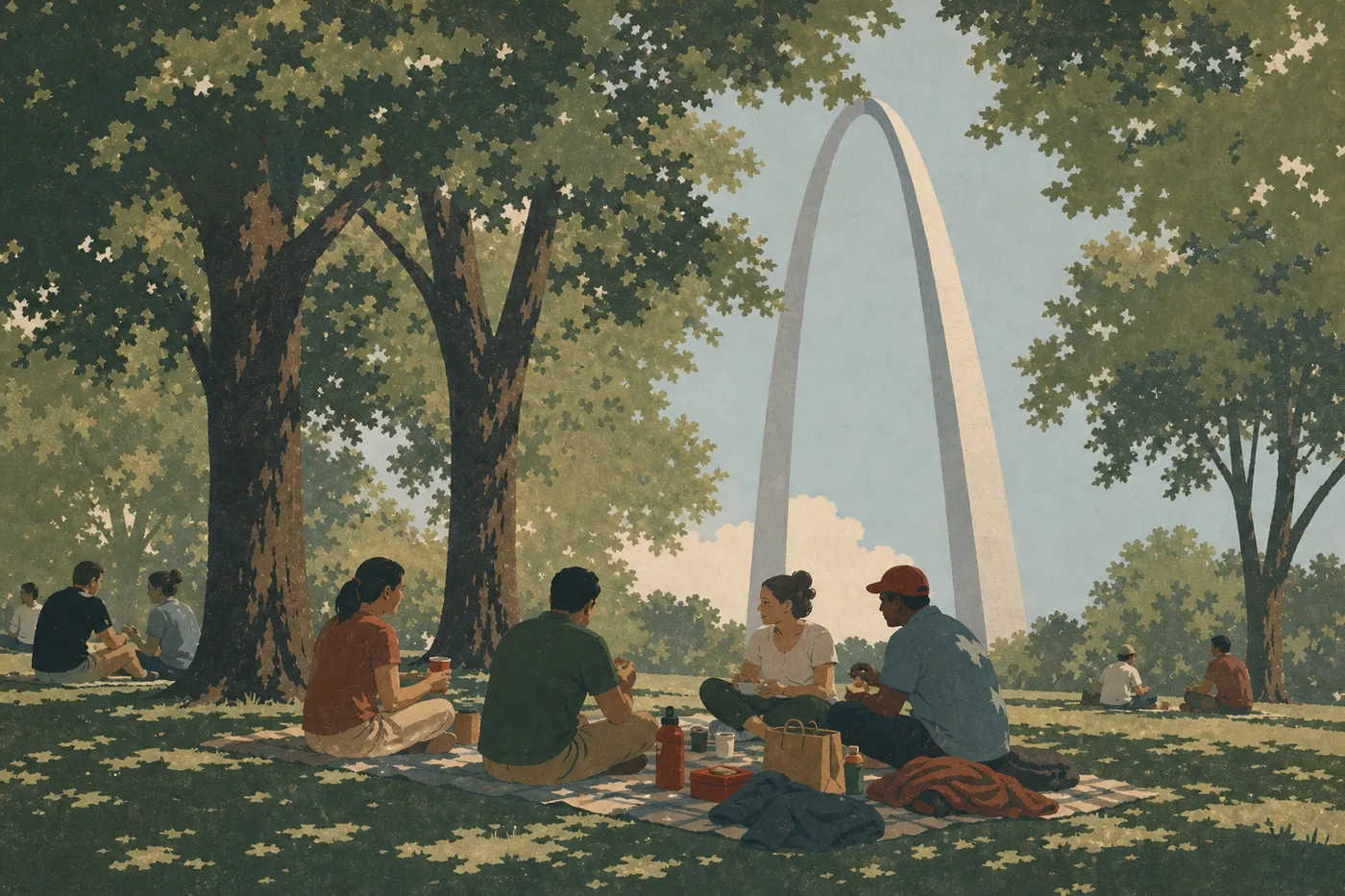 Illustration sérigraphiée : Visiteurs déjeunant sur les pelouses ombragées des Arch Grounds avec l'arche visible entre les arbres.