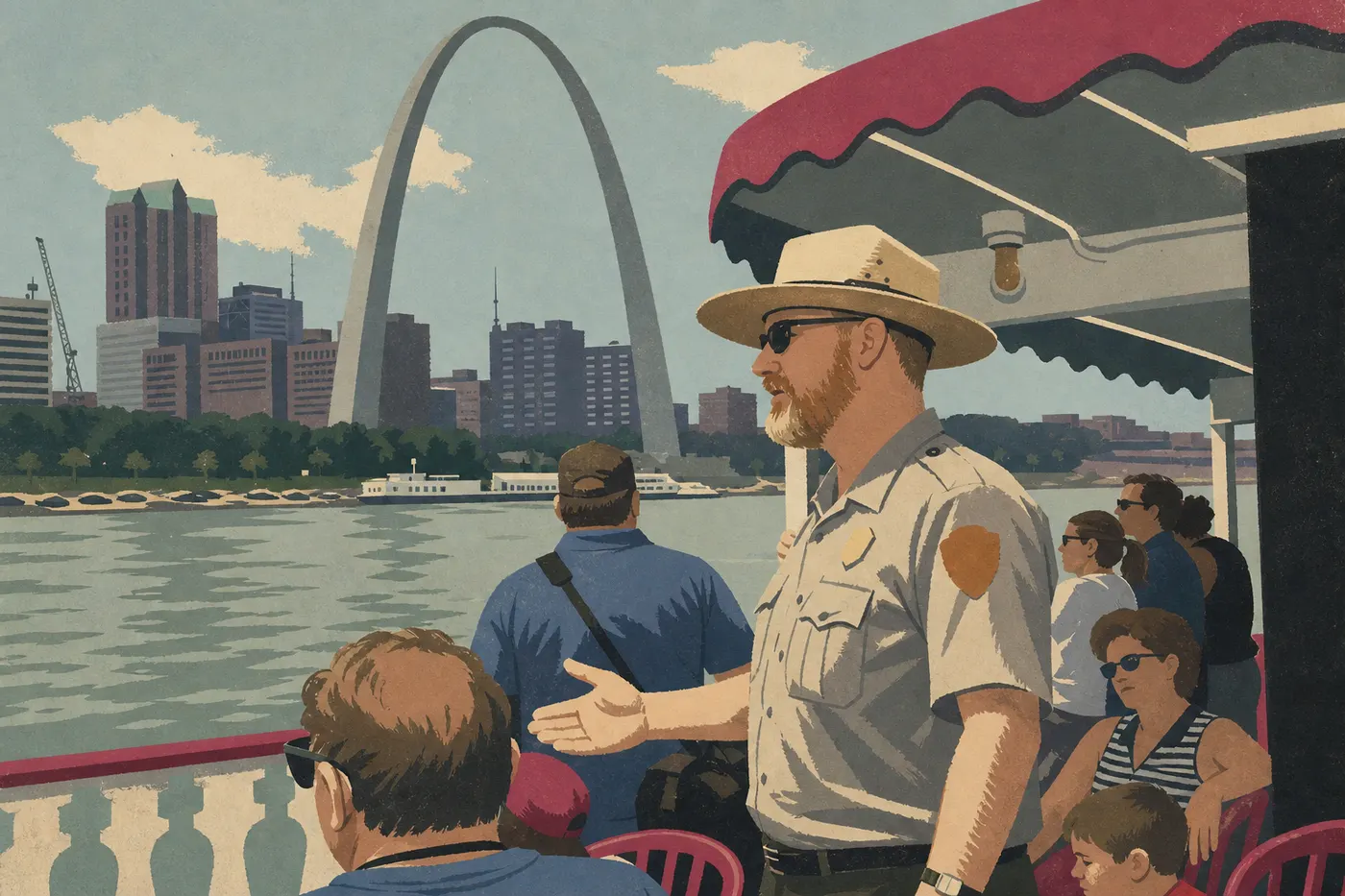 Illustration sérigraphiée : Ranger du National Park Service présentant l'histoire de l'arche à un groupe sur l'esplanade.