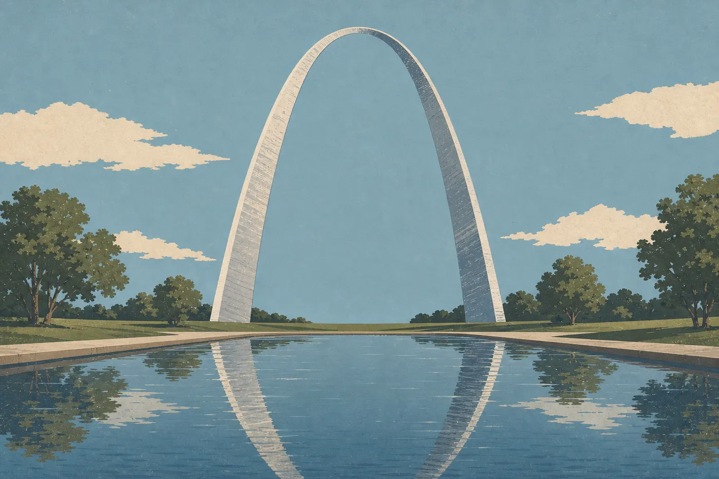 Illustration sérigraphiée : Courbe argentée de la Gateway Arch reflétée symétriquement dans l'un des bassins paysagers du parc.