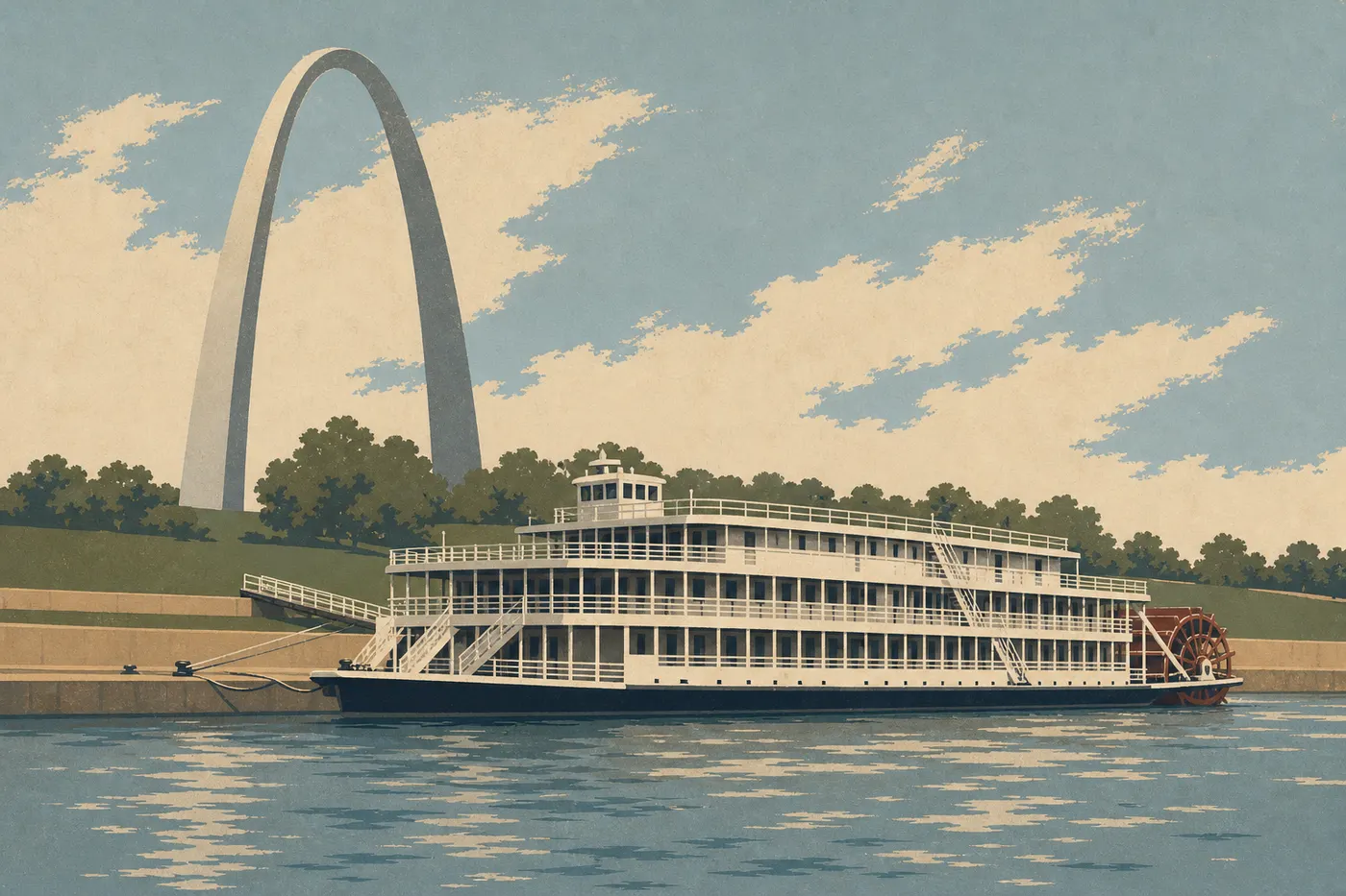 Illustration sérigraphiée : Bateau à roues Riverboats at the Gateway Arch amarré sous l'arche sur le Mississippi.