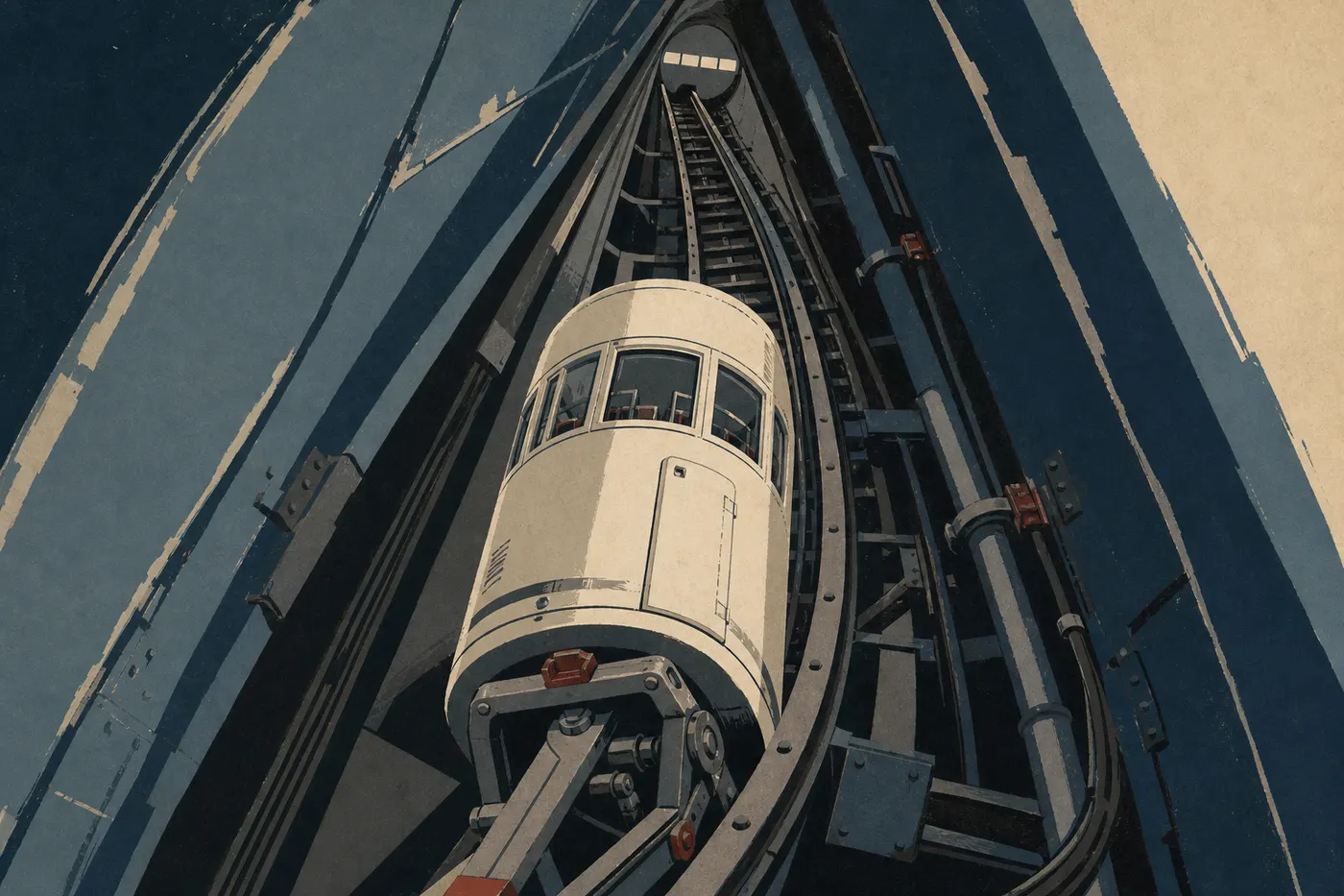Illustration sérigraphiée : Capsule blanche du tramway intérieur gravissant la courbe métallique jusqu'aux fenêtres du sommet de la Gateway Arch.