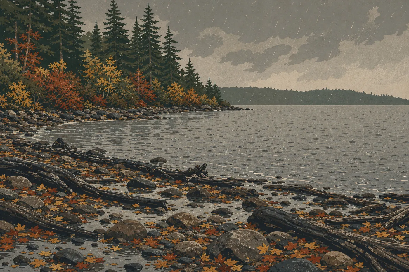 Illustration sérigraphiée : Le rivage de Bartlett Cove sous la pluie automnale, ponctué de feuillages jaunes et roux