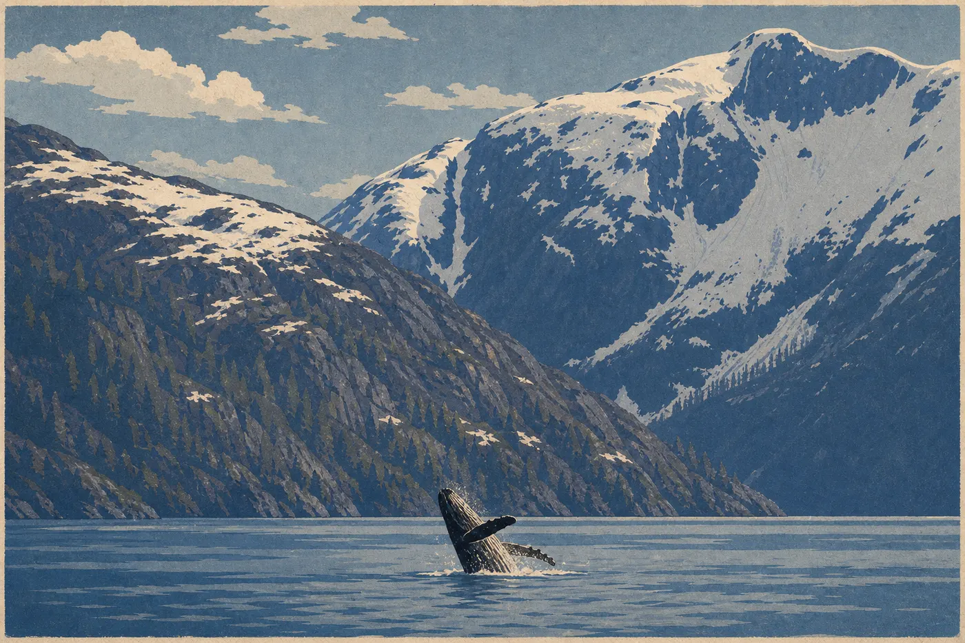 Illustration sérigraphiée : Une baleine à bosse jaillissant des eaux profondes de Glacier Bay devant les montagnes côtières