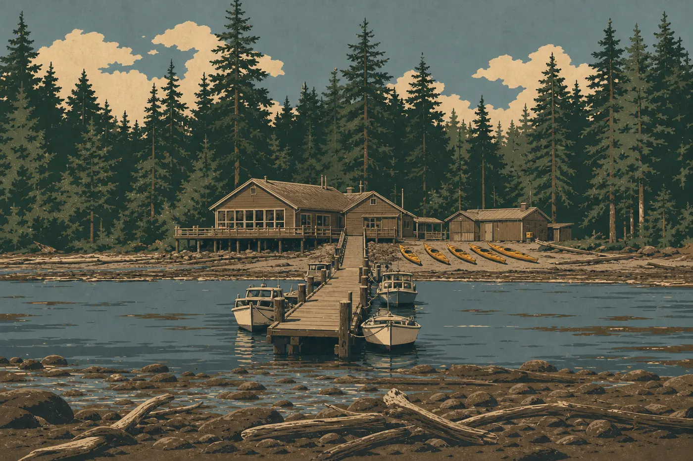 Illustration sérigraphiée : Le quai, le lodge et les kayaks de Bartlett Cove encadrés par la forêt pluviale côtière