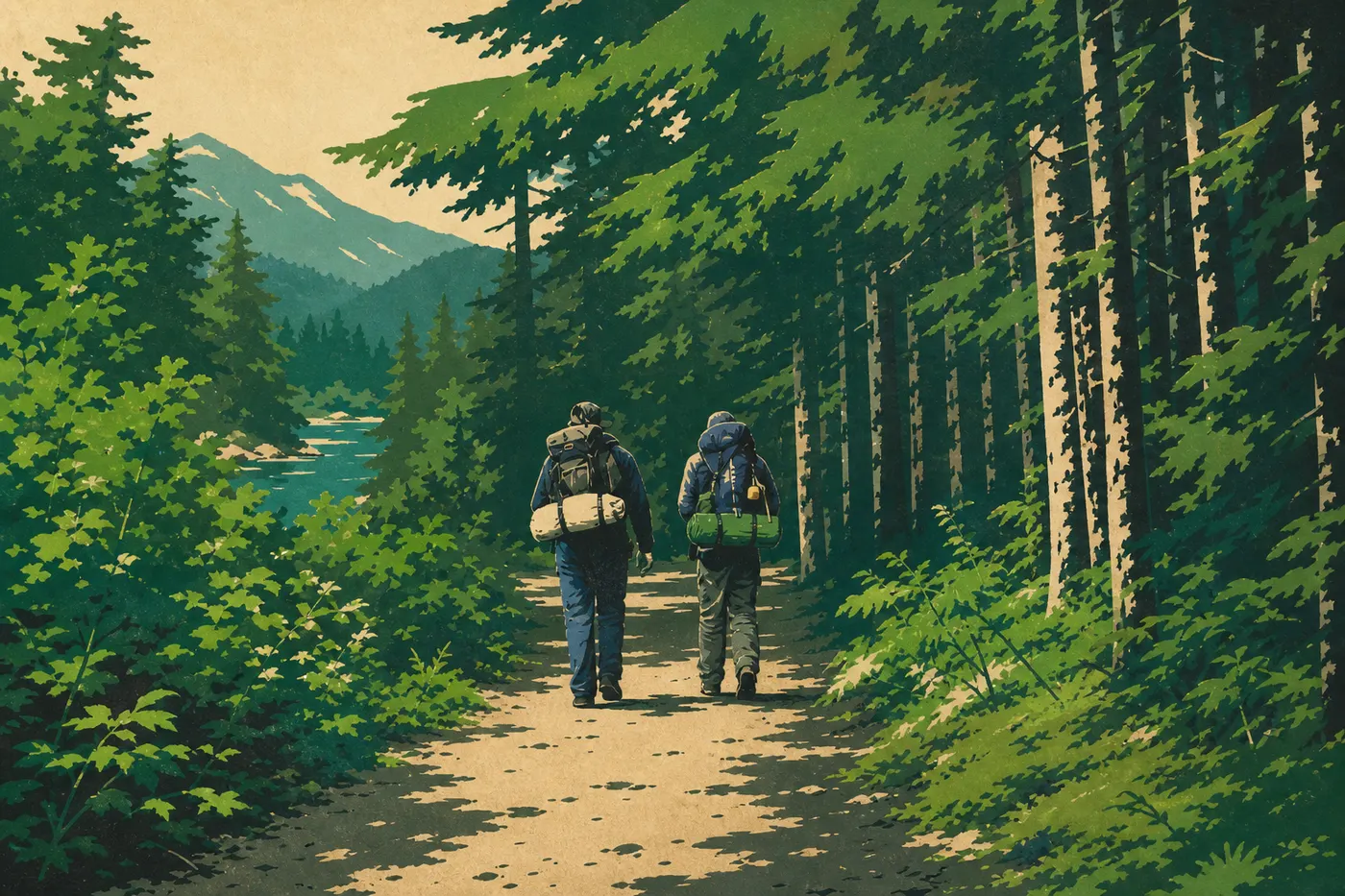 Illustration sérigraphiée : Des randonneurs suivant le Bartlett River Trail entre forêt moussue, rivière et montagnes lointaines