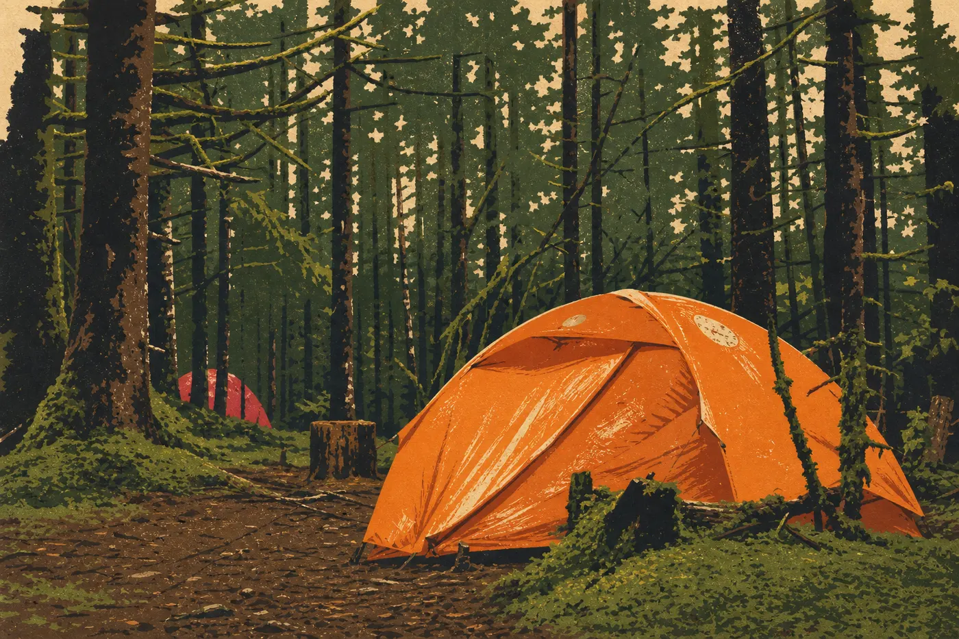 Illustration sérigraphiée : Une tente dressée sous les conifères du Bartlett Cove Campground à quelques pas du rivage