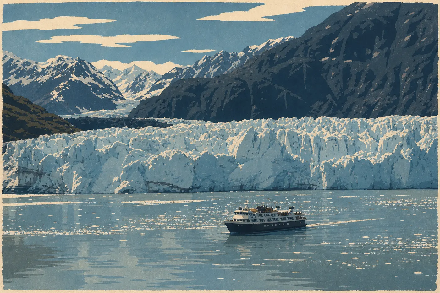 Illustration sérigraphiée : Le bateau d’excursion face au front bleuté du glacier Margerie dans les eaux parsemées de glace