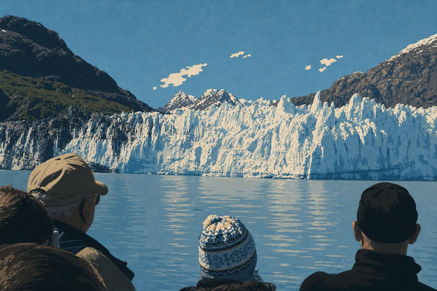 Illustration sérigraphiée : Le glacier Margerie sous le soleil estival avec visiteurs rassemblés sur le pont du bateau