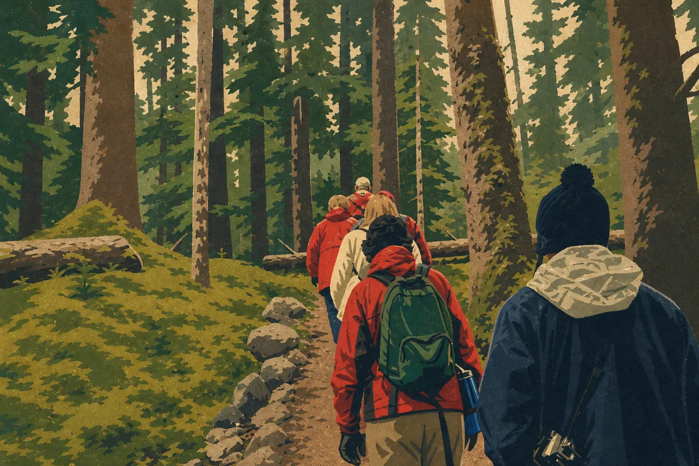 Illustration sérigraphiée : Une famille cheminant sur la passerelle du Forest Loop Trail parmi les épicéas moussus