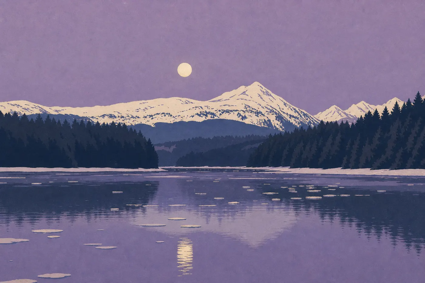 Illustration sérigraphiée : Bartlett Cove silencieuse sous la neige hivernale, avec rivage gelé et conifères chargés de blanc