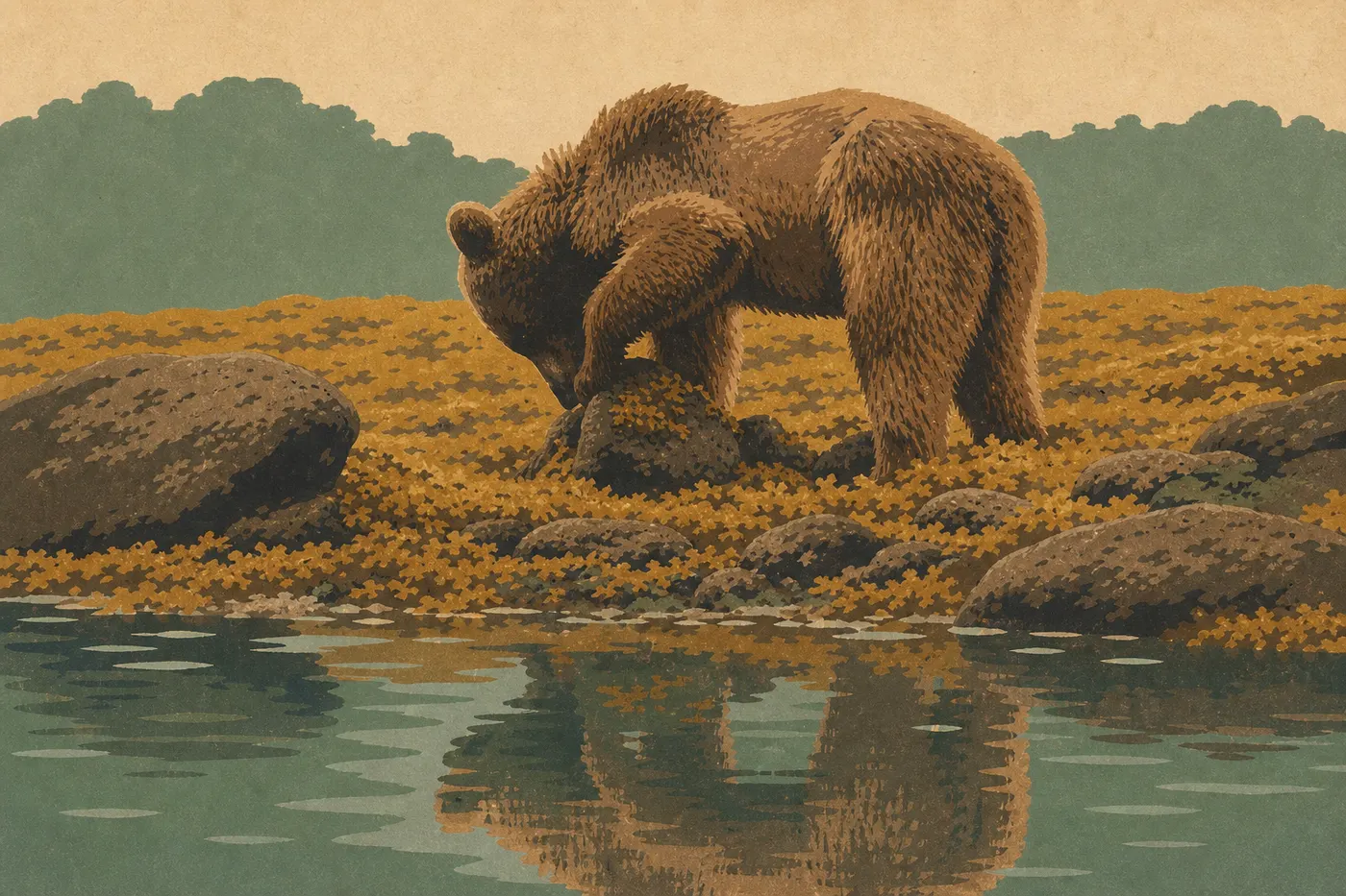 Illustration sérigraphiée : Un ours brun de profil montrant sa bosse d’épaule caractéristique sur une plage de Glacier Bay