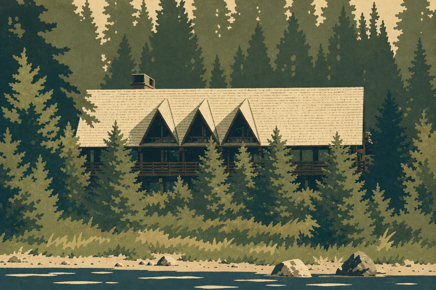 Illustration sérigraphiée : Le Glacier Bay Lodge en bois niché dans la forêt humide au bord de Bartlett Cove