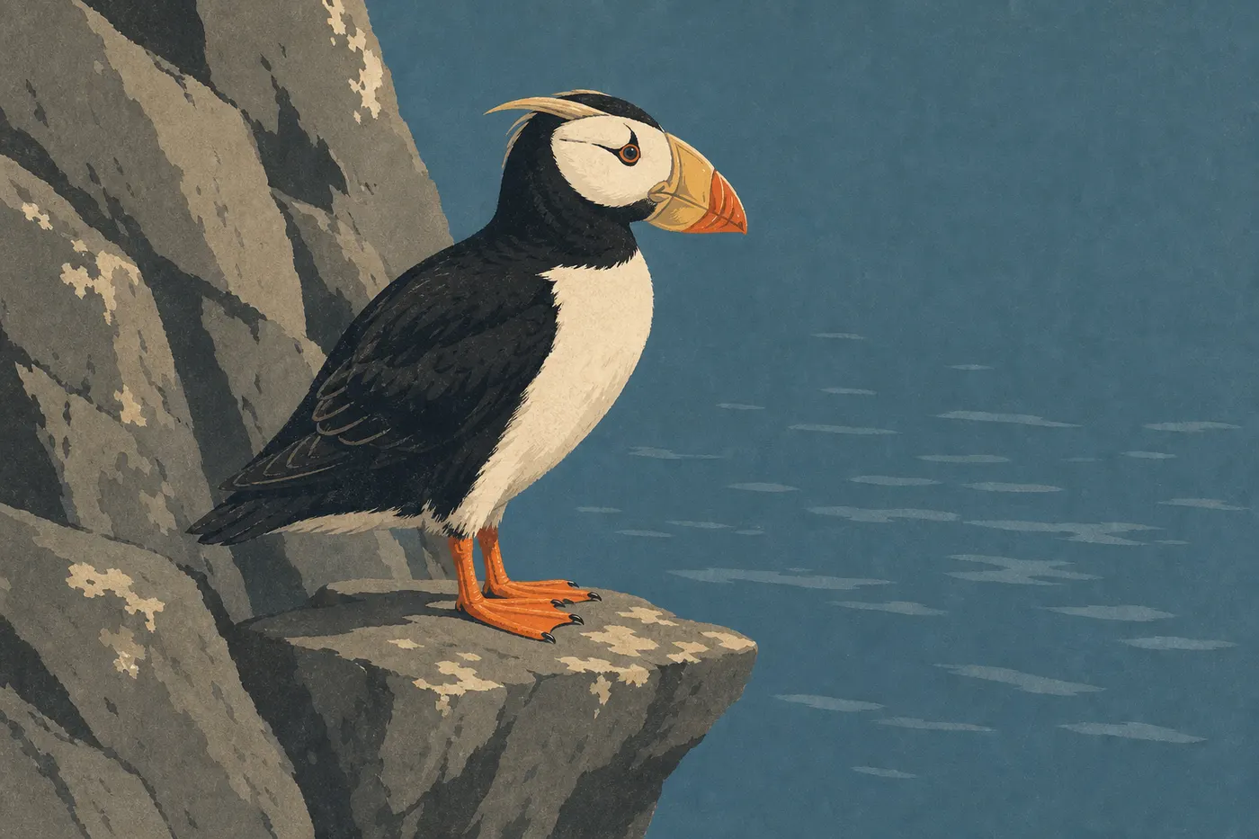 Illustration sérigraphiée : Un macareux cornu au bec coloré posé sur une falaise maritime de Glacier Bay