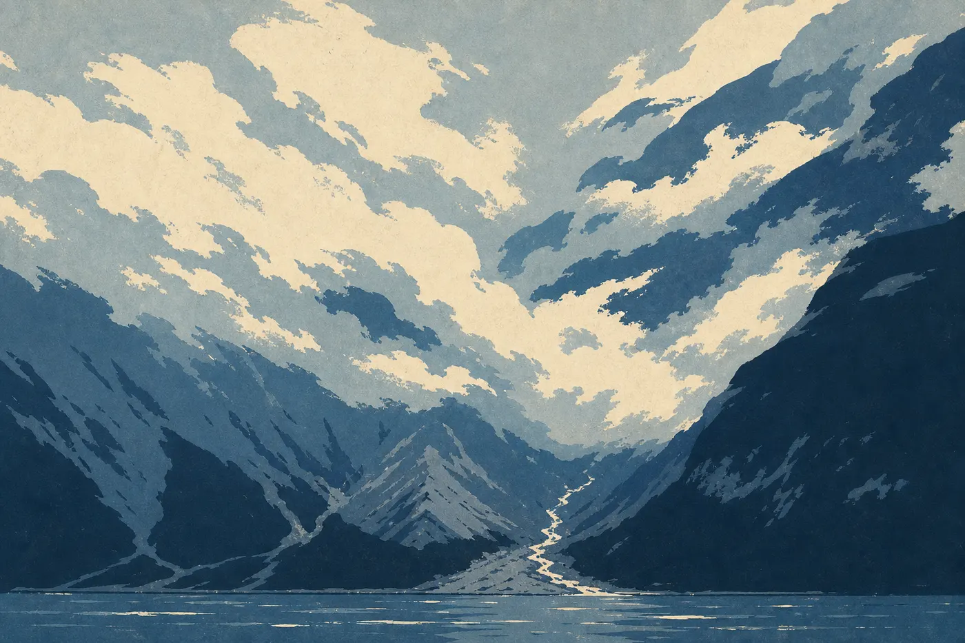 Illustration sérigraphiée : De lourds nuages maritimes enveloppant les montagnes et les eaux sombres de Glacier Bay