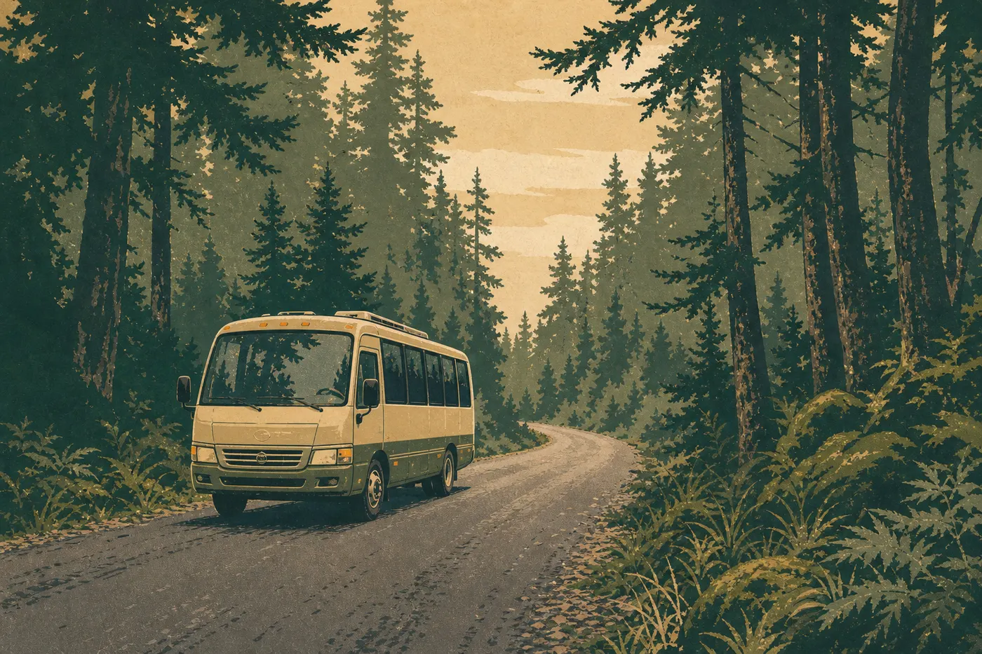 Illustration sérigraphiée : La Park Road traversant la forêt entre Gustavus et Bartlett Cove avec la navette du lodge