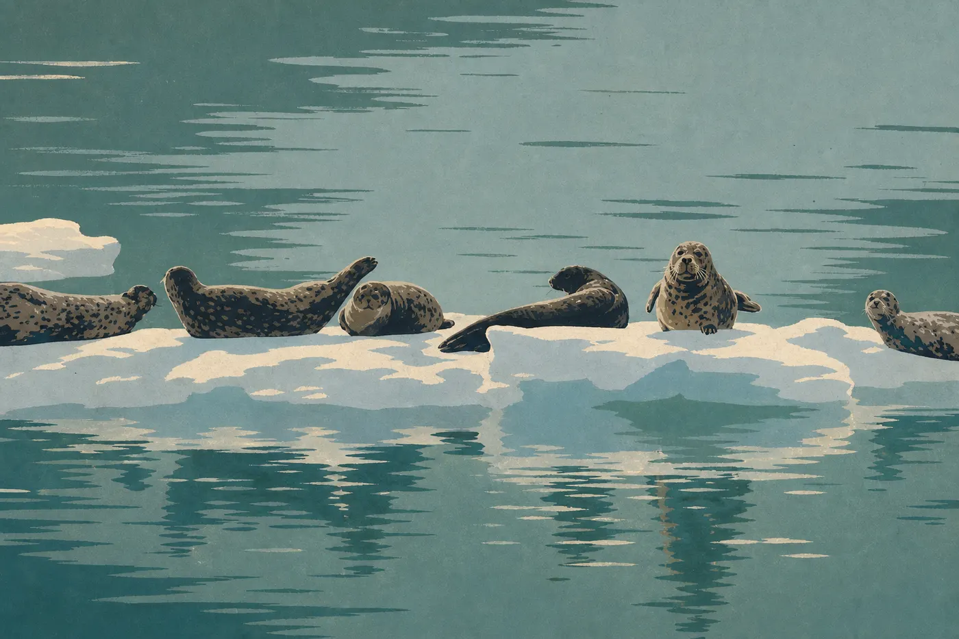 Illustration sérigraphiée : Des phoques communs reposant sur des blocs de glace devant le glacier Johns Hopkins