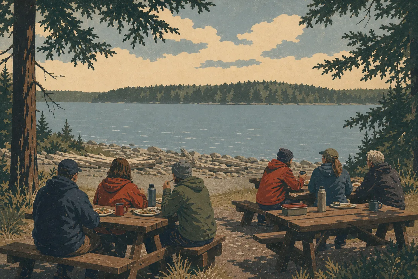 Illustration sérigraphiée : Des visiteurs déjeunant aux tables de pique-nique de Bartlett Cove face aux eaux calmes
