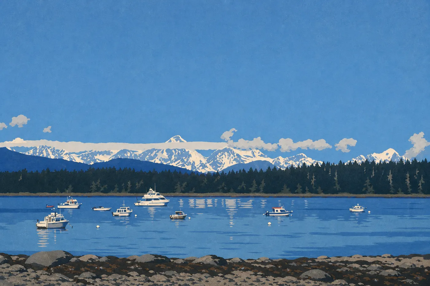 Illustration sérigraphiée : Les sommets encore enneigés se reflétant dans Bartlett Cove sous la lumière claire du printemps