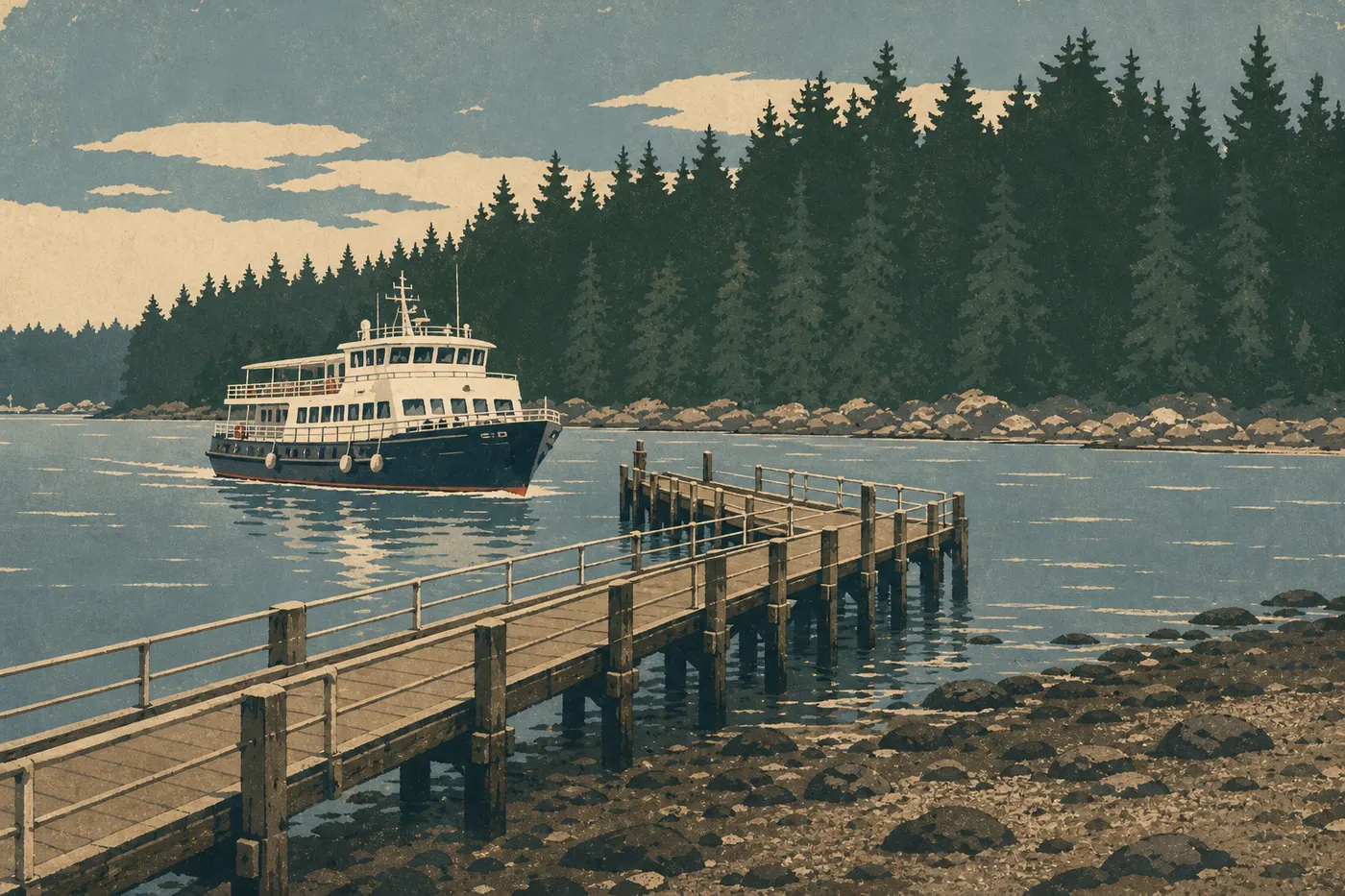 Illustration sérigraphiée : Un bateau de passagers accostant au quai public de Bartlett Cove, porte d’entrée maritime du parc