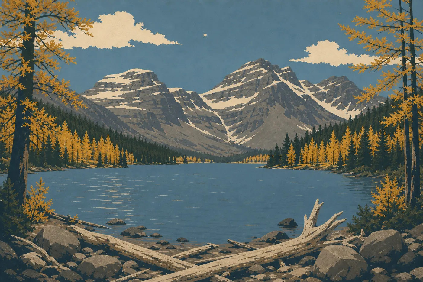 Illustration sérigraphiée : Mélèzes dorés et premières neiges encadrant Two Medicine Lake sous une lumière claire d’automne.