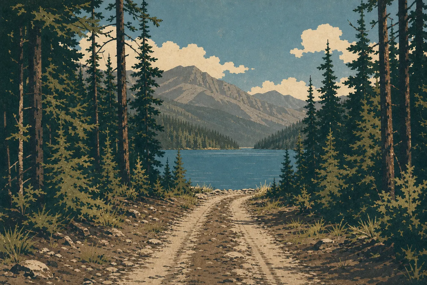 Illustration sérigraphiée : Piste forestière et rive sauvage de Bowman Lake dans le secteur isolé de North Fork.