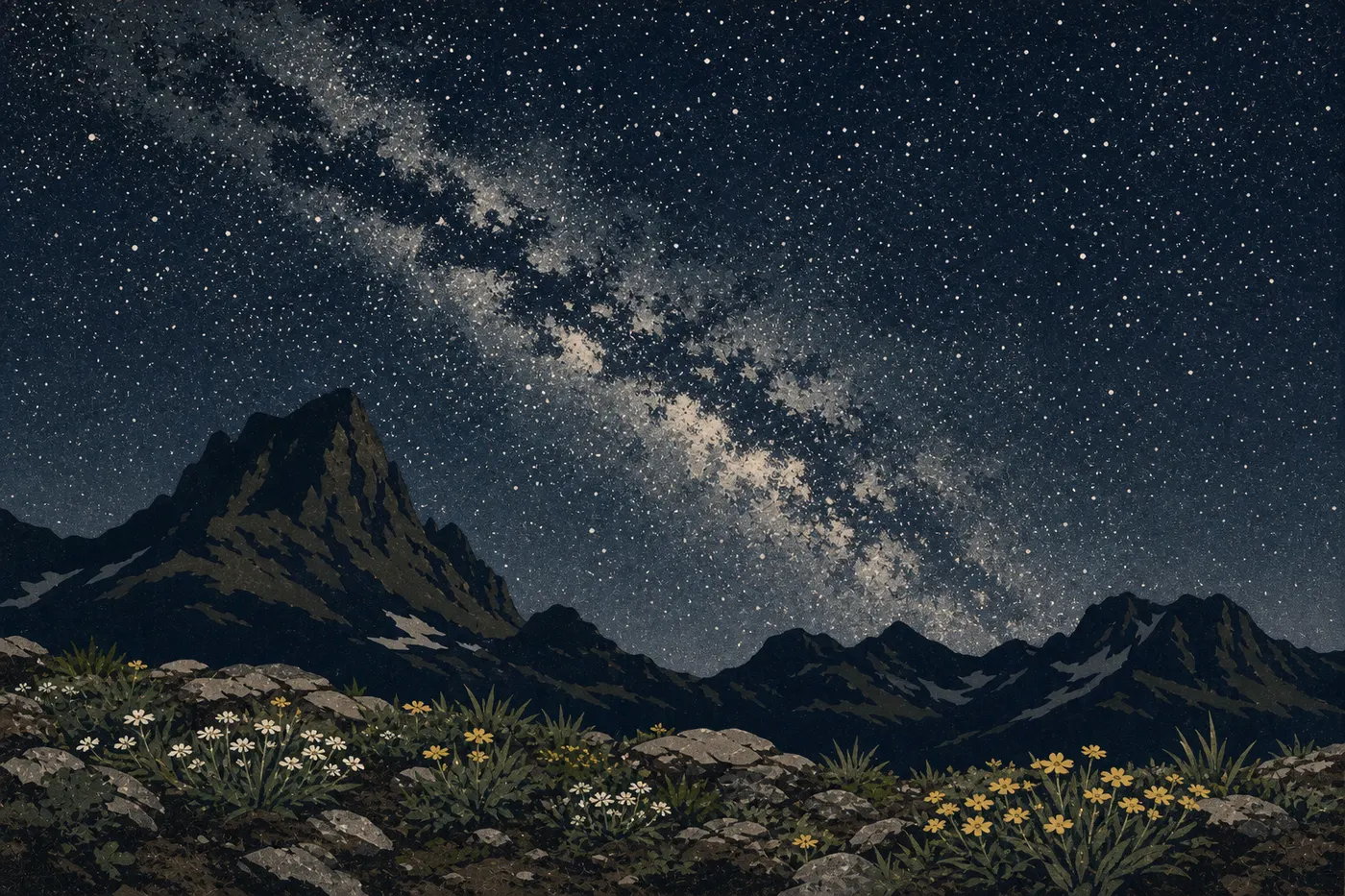 Illustration sérigraphiée : Voie lactée déployée au-dessus de Logan Pass, avec montagnes sombres et fleurs alpines au premier plan.