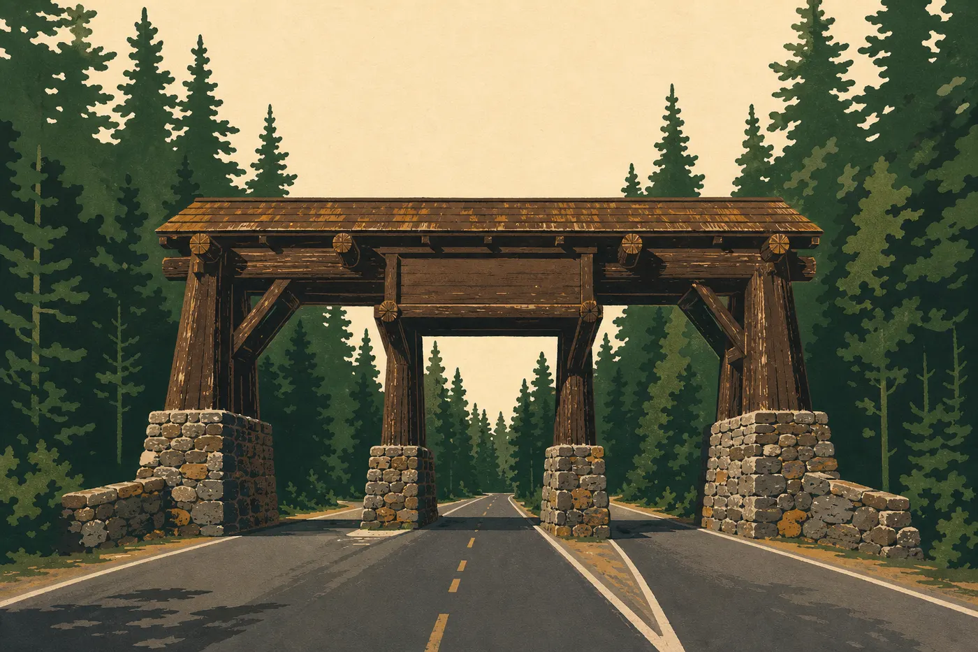 Illustration sérigraphiée : Portail historique de West Entrance encadré de pins avec la route conduisant vers Apgar.