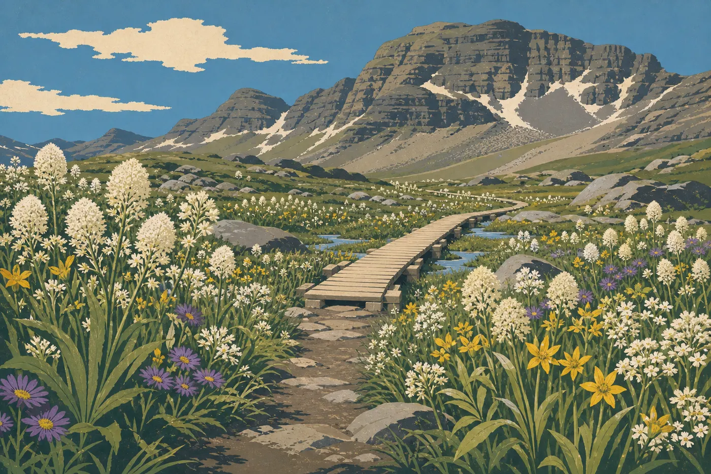 Illustration sérigraphiée : Fleurs sauvages estivales bordant le Hidden Lake Trail sous les reliefs lumineux de Logan Pass.
