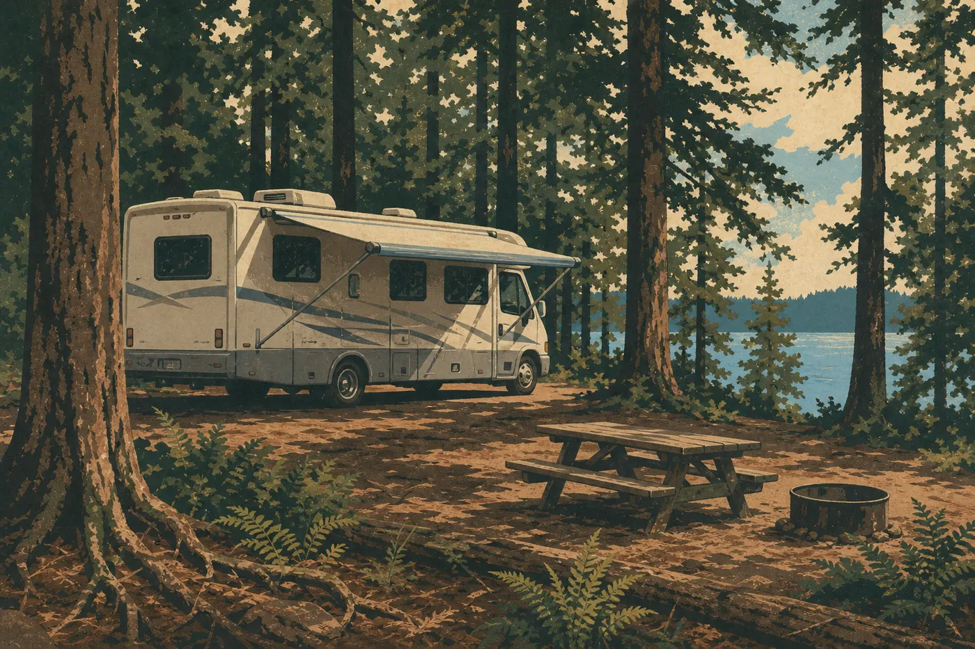 Illustration sérigraphiée : Camping-car installé parmi les conifères de Fish Creek Campground près de la rive de Lake McDonald.