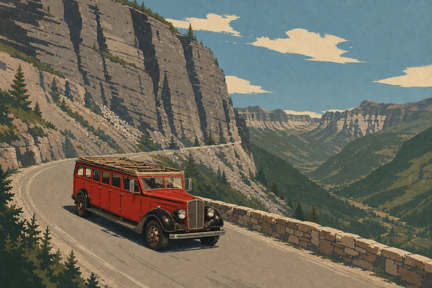 Illustration sérigraphiée : Red Bus franchissant un virage de la Going-to-the-Sun Road sous les falaises du Garden Wall.