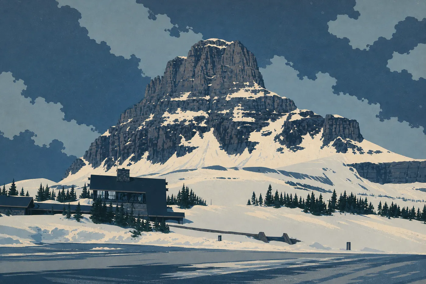 Illustration sérigraphiée : Logan Pass enseveli sous la neige avec crêtes balayées par le vent et ciel froid tourmenté.