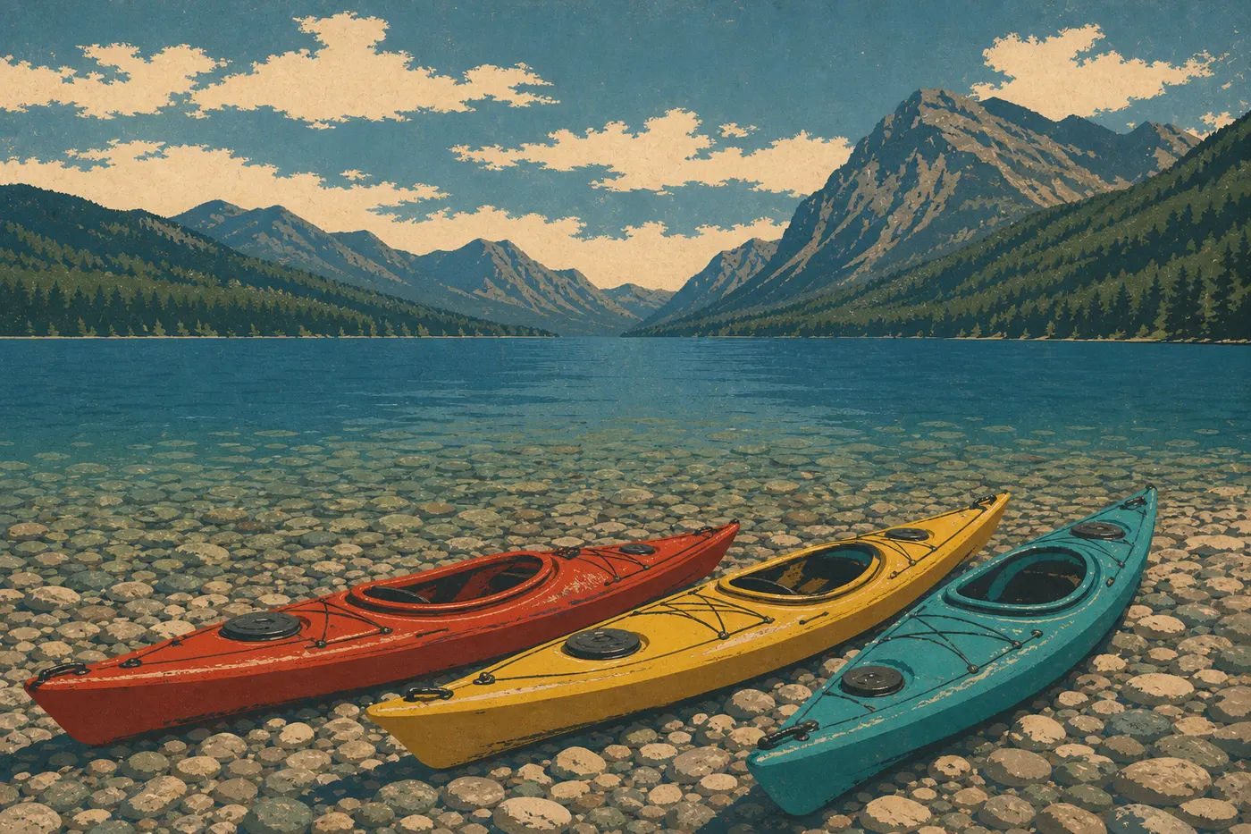 Illustration sérigraphiée : Kayaks colorés sur la rive d’Apgar devant les eaux limpides et les sommets de Lake McDonald.