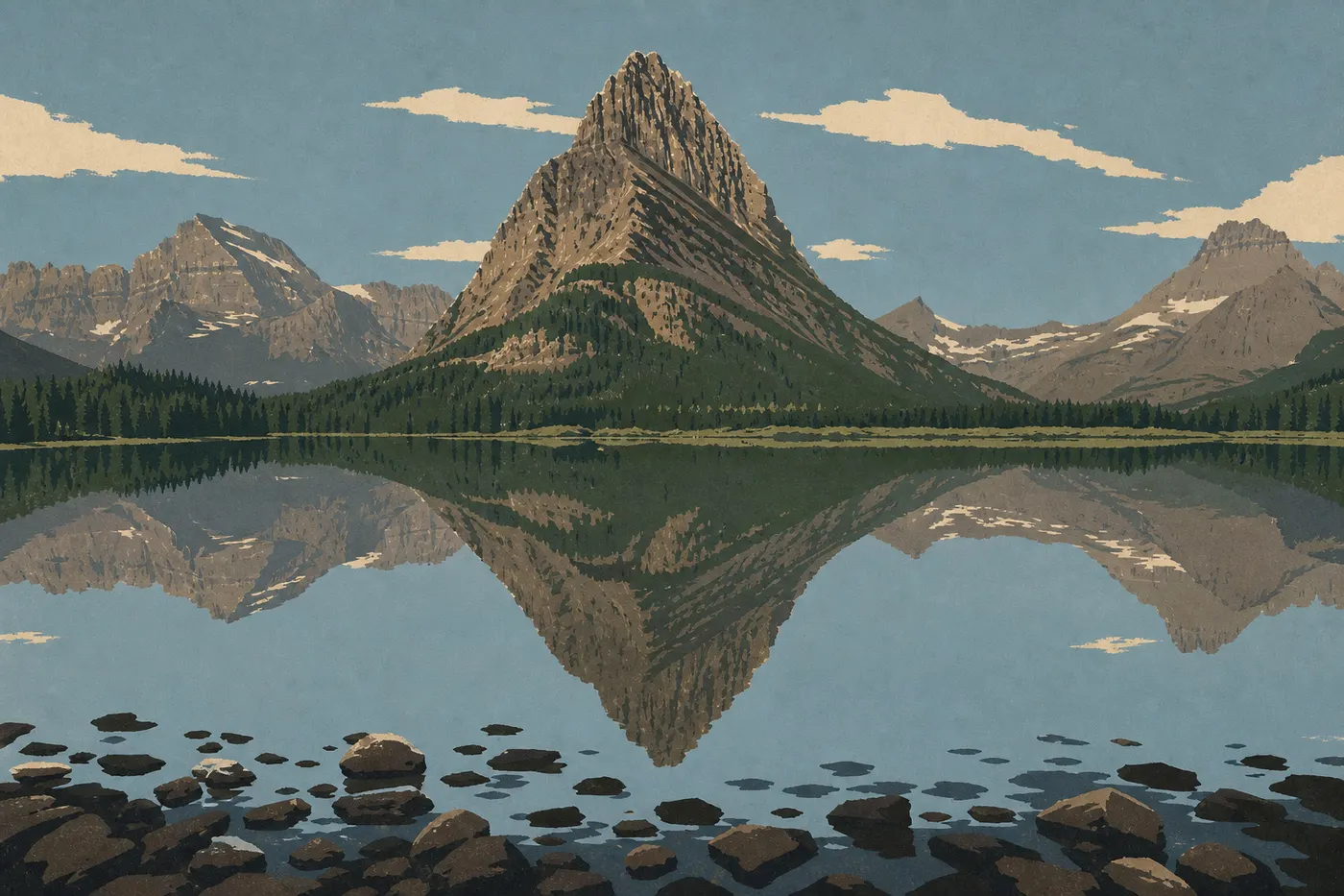 Ilustración serigrafiada: Swiftcurrent Lake refleja Grinnell Point y las escarpadas cumbres del valle de Many Glacier.