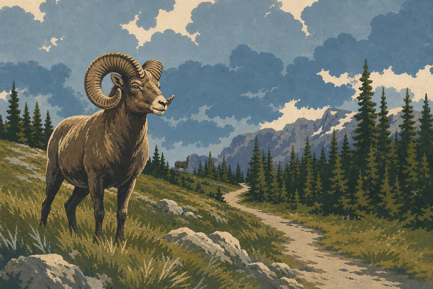 Illustration sérigraphiée : Bélier mouflon des Rocheuses aux grandes cornes dominant les pentes herbeuses près de Logan Pass.