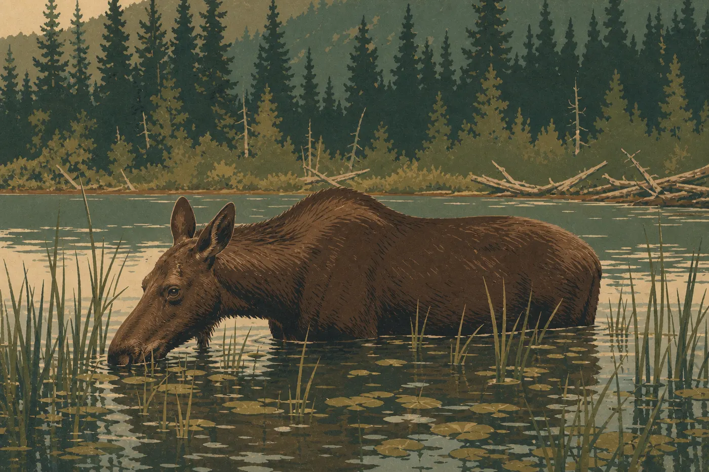 Illustration sérigraphiée : Orignal immergé dans Fishercap Lake, entouré de roseaux et de conifères dans Many Glacier.